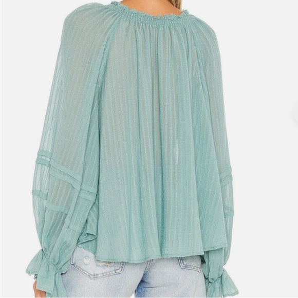 NEW FREE PEOPLE Blue/Green Split Neck Textured Long Sleeve Blouse NWT - Picture 6 of 10